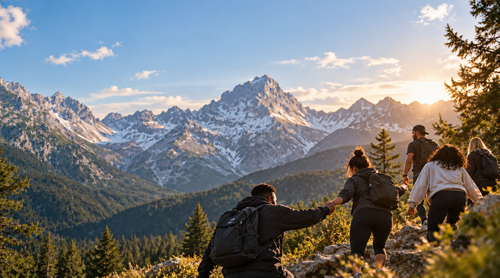 Sunlight breaking over a mountain ridge above a valley of evergreens