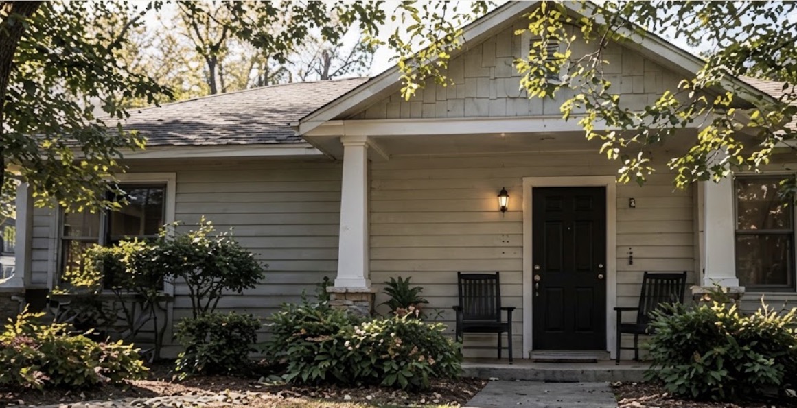 A welcoming house with a covered front porch, chairs, and landscaped garden
